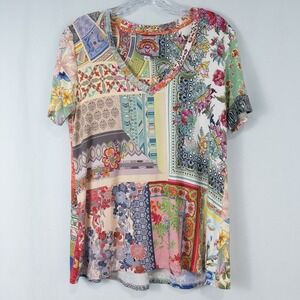Johnny Was Anika Short Sleeve Swing Tee Patchwork Floral‎ Bamboo Boho XS VNeck